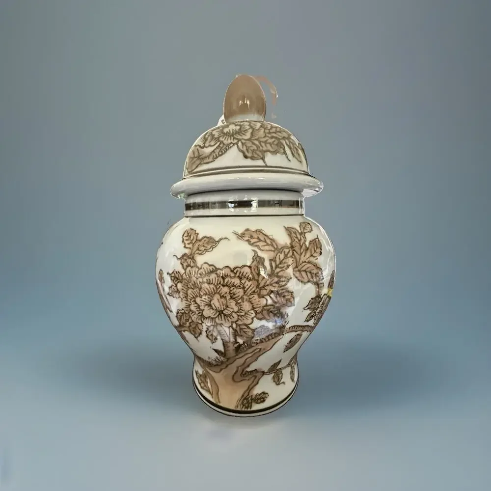 Galt International Brown Floral Ceramic Ginger Temple Jar 8” Tall Vase Lid NWT